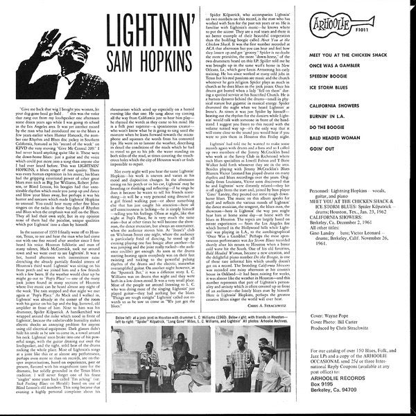 Image of Back Cover of LP - VG+/VG - LIGHTNIN' SAM HOPKINS, Lightnin' Sam Hopkins (Arhoolie Records; F 1011, US Reissue, Pasteback Sleeve), Strong VG - only a few light marks to disc.,  - 1416015C