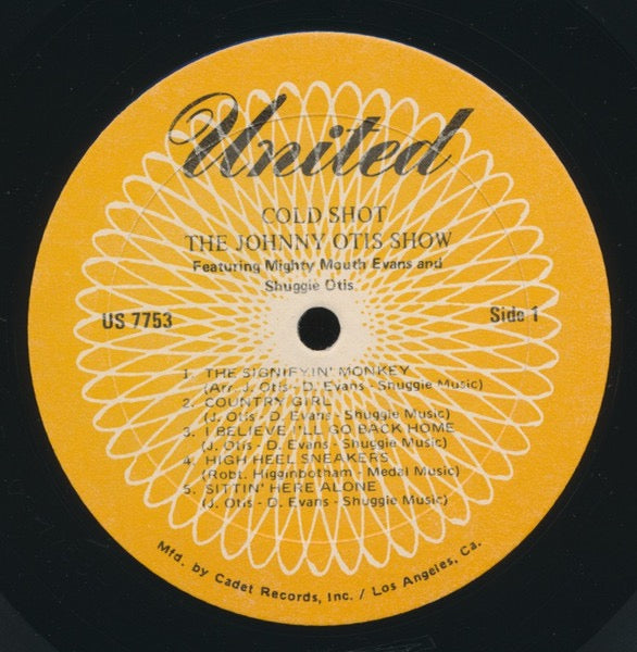 Image of Label Cover of LP - VG/VG+ - JOHNNY OTIS SHOW FEATURING MIGHTY MOUTH EVANS & SHUGGIE OTIS, Cold Shot! (United; US-7753, US Reissue, Pasteback Sleeve), Corner bump. Disc has some light storage marks but looks unplayed.,  - 1416019C
