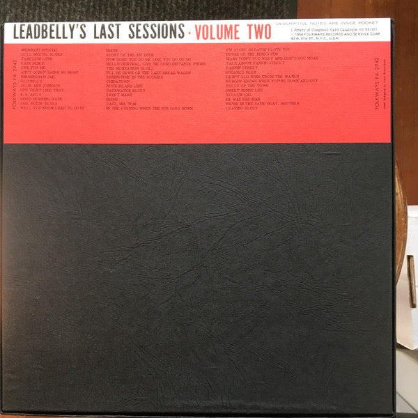Image of Back Cover of 2xLP - VG/VG+ - LEADBELLY, Leadbelly's Last Sessions (Volume Two) (Folkways Records; FA 2942, US 1960s Reissue, Box Set, Booklet, Mono), Small tear to edge of box lid. Discs look unplayed but have a few light storage marks. Booklet in top condition.,  - 2416040C