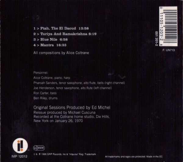 Image of Back Cover of CD - VG+/VG+ - ALICE COLTRANE, Ptah, The El Daoud (Impulse!; IMP 12012, Europe 1996 Reissue, Digipak, Booklet), Nice copy showing minimal sign of use.,  - 2016418C