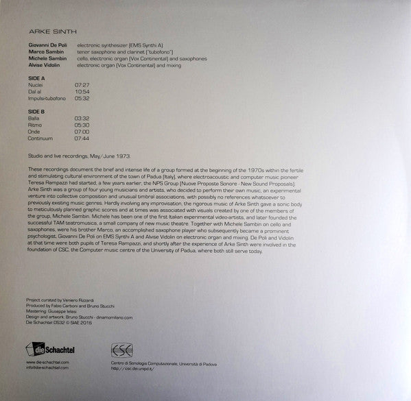 Image of Back Cover of LP - VG/VG - ARKE SINTH, Arke Sinth (Die Schachtel; DS32, Italy 2016, Silvered Sleeve, Insert + red card inner, Limited edition of 400 copies. Deluxe silver cover with silver foil design, custom inner sleeve and 4-page booklet in English and Italian.), Strong VG all round, only light creasing and light marks, Limited edition of 400 copies. Deluxe silver cover with silver foil design, custom inner sleeve and 4-page booklet in English and Italian. - 1426084E