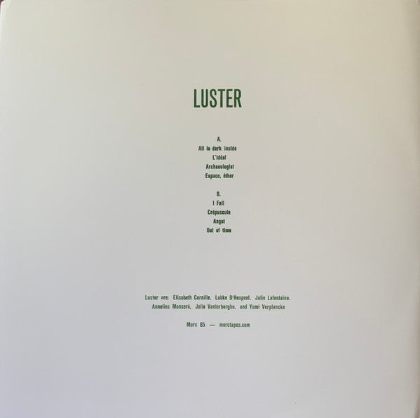 Image of Back Cover of LP - VG+/VG+ - LUSTER, Luster (Morc Records; Morc 85, Belgium 2022, Fold Over Sleeve, Printed lyric sheet, catalogue insert), , Limited edition of 150 copies (original run) and 200 copies (second run in dezember 2022) and some more (third run in february 2023). All identical to the original pressing in screen-printed and letter pressed sleeves with a screen-printed lyric sheet and download coupon. - 1426085E