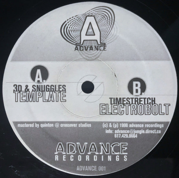 Image of Front Cover of 12" - /VG - 3D & SNUGGLES / TIMESTRETCH, Template / Electrobolt (Advance Recordings; ADVREC 001, US 1998, Plain Sleeve), ,  - 1426078E