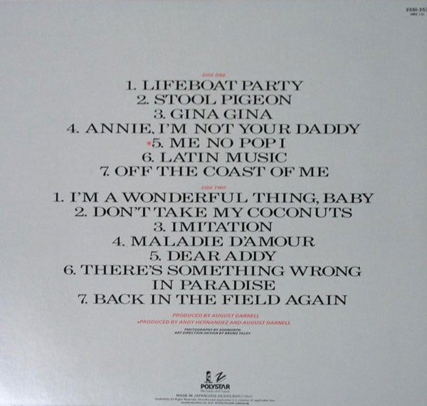 Image of Back Cover of LP - VG+/VG+ - KID CREOLE & THE COCONUTS, Cre~Ol  - The Best Of Kid Creole & The Coconuts (Ze Records; 25SI-253, Japan 1984, Insert, OBI attached to insert), ,  - 1426101E