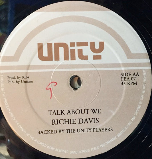 Image of Front Cover of 12" - /VG - JOHNNY JOHNNY P / RICHIE DAVIS, Rude Boy / Talk About We (Unity sounds; FEA 07, UK 1988), "Talk About We" is perfect. Pressing flaw/dent on dub of side A, causes a few clicks.,  - 1416136C