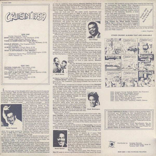 Image of Back Cover of LP - VG/VG - VARIOUS, Cruisin' 1959 (Increase Records; INCM 2004, US 1983 Reissue, No Barcode), ,  - 1416099C