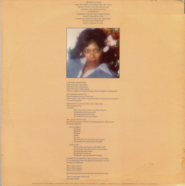 Image of Back Cover of LP - VG/VG - DEE DEE SHARP GAMBLE, What Color Is Love (Philadelphia International Records; PZ 34437, US 1977, Inner), Light marks on disc. Plays well. WOL. Edge tears on iiner. Wear to edges of sleeve & ringwear. Name written on sleeve.,  - 1426128E