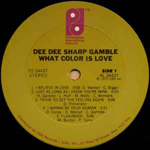 Image of Label Cover of LP - VG/VG - DEE DEE SHARP GAMBLE, What Color Is Love (Philadelphia International Records; PZ 34437, US 1977, Inner), Light marks on disc. Plays well. WOL. Edge tears on iiner. Wear to edges of sleeve & ringwear. Name written on sleeve.,  - 1426128E