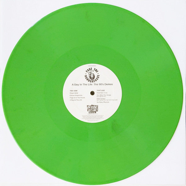 Image of Label Cover of 12" EP - EX/EX - PAGE THE HAND GRENADE, A Day In The Life: The 90's Demos (Chopped Herring Records; CHPAGETHE01, UK 2019, Stickered Plain Sleeve, Limited Edition, Yellow & Turquoise), ,  - 1446119S