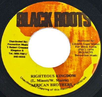 Image of Front Cover of 7" - /VG+ - AFRICAN BROTHERS, Righteous Kingdom (Black Roots; , Jamaica 1990s Reissue), Light marks only.,  - 1416161C