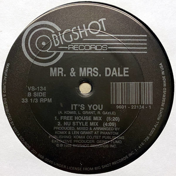 Image of Back Cover of 12" - /VG - MR. & MRS. DALE, It's You (Bigshot; VS-134, US 1989), Light marks only, plays above grade.,  - 3246159S