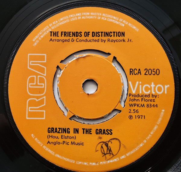 Image of Front Cover of 7" - G+/VG - THE FRIENDS OF DISTINCTION, Grazing In The Grass / Written (RCA Victor; RCA 2050, UK 1971, Company Sleeve), Mottling on A Side. DNAP. Tear on company sleeve,  - 1456106S