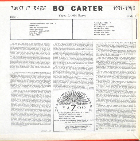 Image of Back Cover of LP - VG+/VG+ - BO CARTER, Twist It Babe 1931-1940 (Yazoo; L-1034, US Reissue, Pasteback Sleeve), ,  - 1416170C