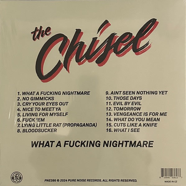 Image of Back Cover of LP - VG+/EX - THE CHISEL, What A Fucking Nightmare (Pure Noise Records; PN386,  2024, Alternate Screen Print Outer Cover, 2 Inserts, Clear, Orange And Green Vinyl), Limited Edition Number 13/100,  The Fold Over Alternate Sleeve is Perforated at The Bottom And This Has Split,  - 1326447E