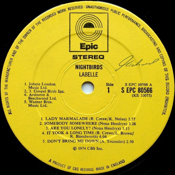 Image of Label Cover of LP - VG+/VG - LABELLE, Nightbirds (Epic Yellow; EPC 80566, UK 1974, Insert), Strong VG.,  - 1416173C