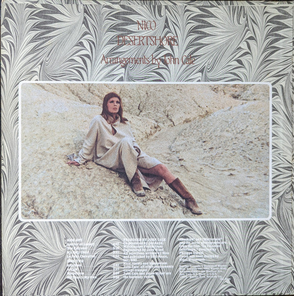 Image of Back Cover of LP - VG+/VG+ - NICO, Desertshore (Reprise Records; RS 6424, US 1970, Textured Sleeve, Company Inner, Terre Haute Pressing), Strong VG+ vinyl. 3x4cm bottom left corner cut to sleeve, still nice though.,  - 1416131C