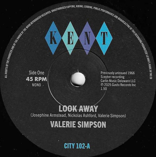 Image of Front Cover of 7" - VG/EX - VALERIE SIMPSON, Look Away / It's Just Love (Kent Select; CITY 102, UK 2025, Company Sleeve), Lightringwear on sleeve.,  - 1456137S