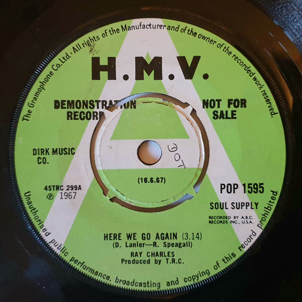 Image of Front Cover of 7" - VG+/EX - RAY CHARLES, Here We Go Again / Somebody Ought To Write A Book About It (His Master's Voice; POP 1595, UK 1967, Promo, Company Sleeve, 4-Prong Centre), ,  - 1456261S