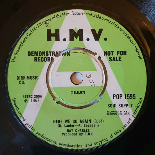 Image of Front Cover of 7" - VG+/EX - RAY CHARLES, Here We Go Again / Somebody Ought To Write A Book About It (His Master's Voice; POP 1595, UK 1967, Promo, Company Sleeve, 4-Prong Centre), ,  - 1456261S