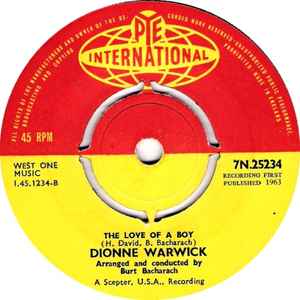 Image of Back Cover of 7" - /EX - DIONNE WARWICK, Anyone Who Had A Heart / The Love Of A Boy (Pye International; 7N.25234, UK 1964, 4 prong centre), Sticker on label. Centre intact.,  - 1456145S