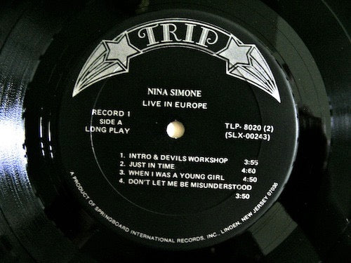 Image of Label Cover of 2xLP - VG/VG - NINA SIMONE, Live In Europe (TRIP; TLP-8020 (2), US 1972, Gatefold), Light shelf wear. Discs are slightly mottled but otherwise unmarked.,  - 1416212C