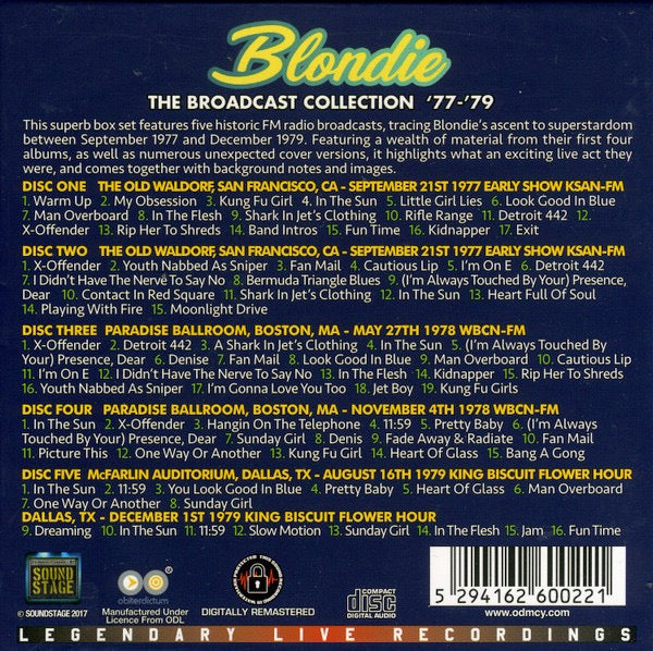 Image of Back Cover of 5xCD - VG+/VG+ - BLONDIE, The Broadcast Collection '77 - '79 (Sound Stage; SS5CDBOX2, Europe 2017, Box Set, 5 Inners & Booket), Nice copy showing minimal sign of use.,  - 1336348E