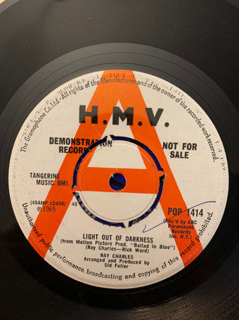 Image of Front Cover of 7" - VG+/EX - RAY CHARLES, Light Out of Darkness / Please Forgive and Forget (His Master's Voice; POP 1414, UK 1965, Promo, Company Sleeve, 4-Prong Centre), ,  - 1456296S