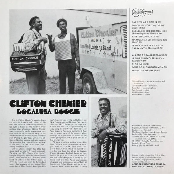 Image of Back Cover of LP - VG/VG - CLIFTON CHENIER, Bogalusa Boogie (Arhoolie Records; 1076, US Reissue, Pasteback Sleeve), Strong VG across the board. Light storage marks to disc.,  - 1416214C