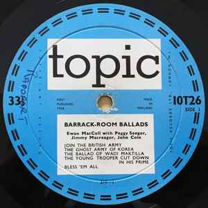 Image of Label Cover of 10" LP - VG/VG - EWAN MACCOLL ACCOMPANIED BY PEGGY SEEGER, JIM MACGREGGOR, JOHN COLE, Barrack-Room Ballads (Topic Records Blue/White Labels; 10 T 26, UK 1958, Screen Printed, Un-Laminated, Non-Scalloped Flip-Back Sleeve, Insert), Strong VG.,  - 1416258C