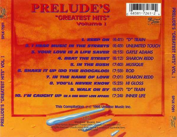 Image of Back Cover of CD - EX/EX - VARIOUS, Prelude's Greatest Hits - Volume I (Unidisc; SPLK-7261, Canada 1995), Opened Instore,  - 1456333S