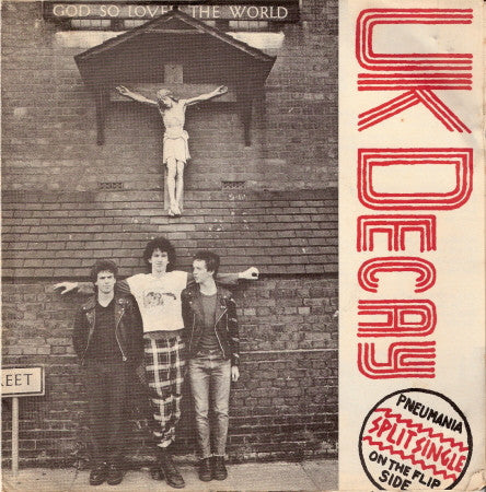 Image of Front Cover of 7" EP - F/VG - PNEUMANIA / UK DECAY, Split Single (Plastic Records; PLAS 001, UK 1979, Stamped White Label, Fold Over Sleeve), Sleeve Torn In To Two Pieces,  - 1426264E