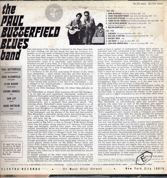 Image of Back Cover of LP - VG/G+ - THE PAUL BUTTERFIELD BLUES BAND, The Paul Butterfield Blues Band (Elektra ; EKL 294, US 1965, Mono), Side one nearer to VG with a few light marks and hairlines, Side two nearer to G with some long light marks and more hairlines, Sleeve intact, Wear to edges, Corner wear and name on rear sleeve. ,  - 1416390C
