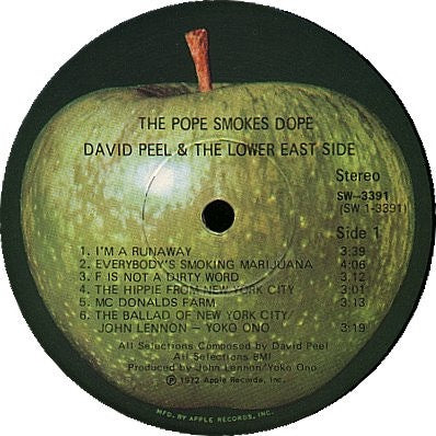 Image of Label Cover of LP - VG/VG+ - DAVID PEEL & THE LOWER EAST SIDE, The Pope Smokes Dope (Apple Records; SW 3391, US 1972, Inner), Light sleev wear, Super clean disc. ,  - 1416394C