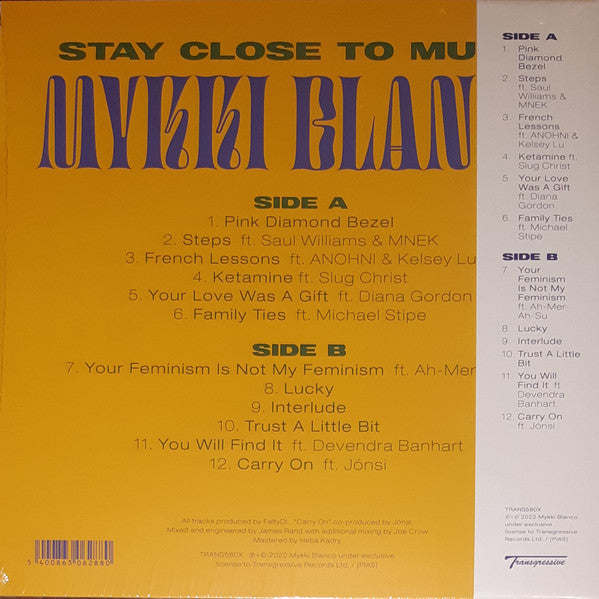 Image of Back Cover of LP - EX/EX - MYKKI BLANCO, Stay Close To Music (Transgressive Records; TRANS580X,  2022, Inner, With Obi, Clear Vinyl, Stage Name of Poet, Michael David Quattlebaum, Jr.), Opened Instore, Still In Shrinkwrap,  - 1446265S