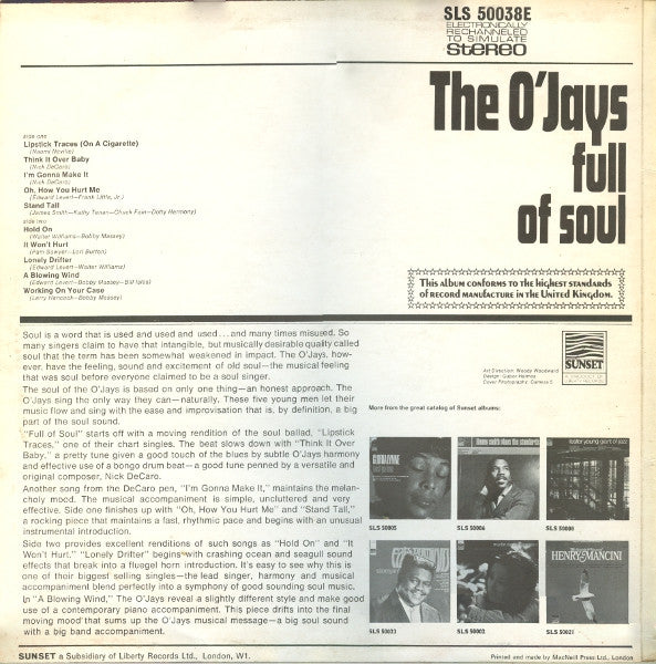 Image of Back Cover of LP - VG/VG - THE O'JAYS, Full Of Soul (Sunset Records; SLS 50038E, UK 1968), ,  - 1426350E