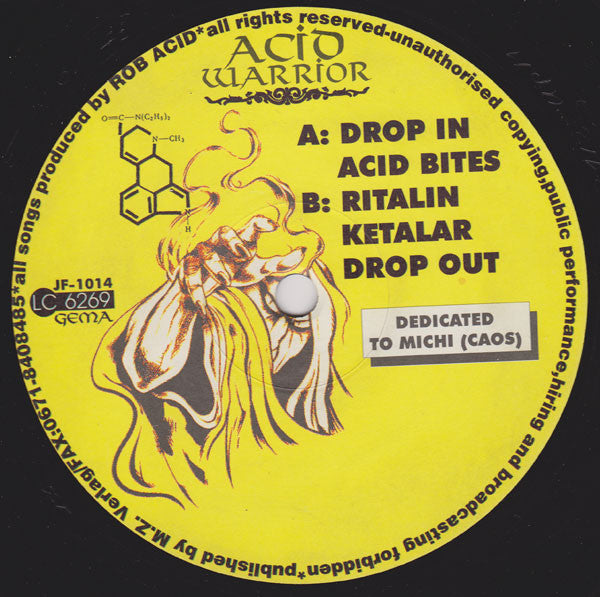 Image of Label Cover of 12" - G+/G - ACID WARRIOR, Acid Bites E.P. (Junkfood Records; JF-1014, Germany 1994, Company Sleeve), Record very marked and scuffed. Sleeve worn, creased, stained, lightly damaged, A1	Drop InA2	Acid BitesB1	RitalinB2	KetalarB3	Drop Out - 1416499C