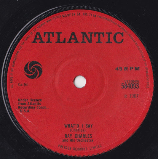 Image of Front Cover of 7" - /VG - RAY CHARLES AND HIS ORCHESTRA, What'd I Say /  Got A Woman (Atlantic; 584093, UK 1967), Multiple marks on disc.,  - 1456518S