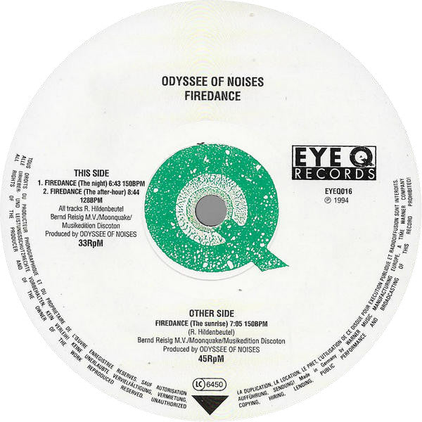 Image of Label Cover of 12" - G+/G+ - ODYSSEE OF NOISES, Firedance (Eye Q Records; EYEQ016, Germany 1994, Company Sleeve), A lot of lighter marks on record. Sleeve worn and damaged at edges / corners,  - 1416538C