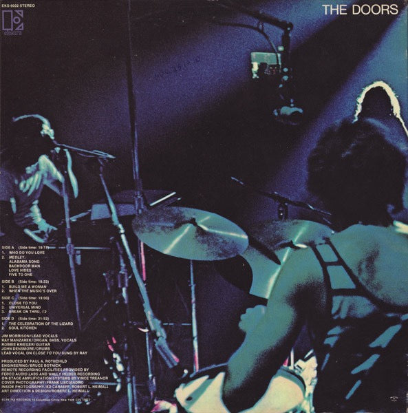 Image of Back Cover of 2xLP - VG/VG - THE DOORS, Absolutely Live (Elektra; EKS-9002, US 1970, Gatefold, Company Inners, Pitman Pressing), Strong VG, Glossy discs, A few lightly mottled spots, Corner cut sleeve, Nice company inners. ,  - 1416513C