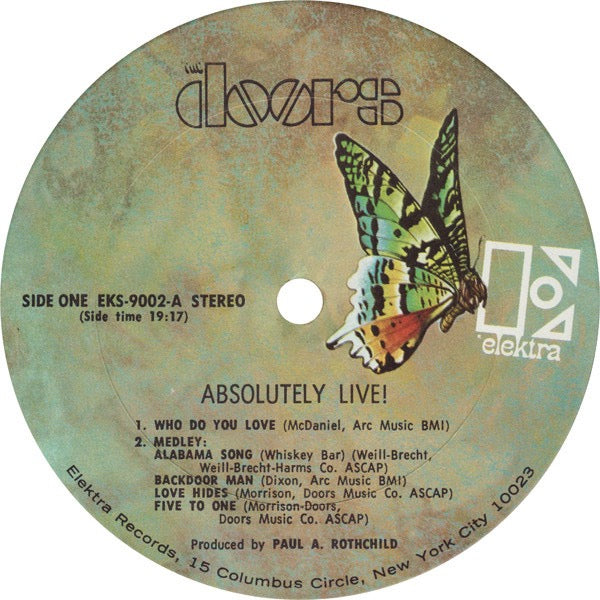 Image of Label Cover of 2xLP - VG/VG - THE DOORS, Absolutely Live (Elektra; EKS-9002, US 1970, Gatefold, Company Inners, Pitman Pressing), Strong VG, Glossy discs, A few lightly mottled spots, Corner cut sleeve, Nice company inners. ,  - 1416513C