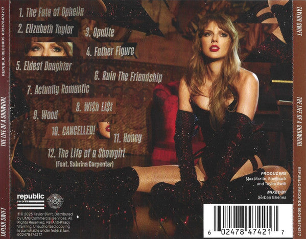 Image of Back Cover of CD - EX/EX - TAYLOR SWIFT, The Life Of A Showgirl (Republic Records; 602478474217, US 2025, Box Set, Insert, It's Beautiful Edition includes necklace), Opened Instore, unplayed,  - 1456486S