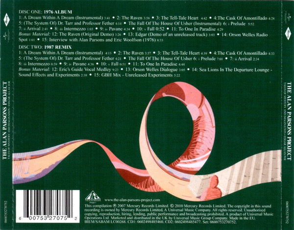 Image of Back Cover of CD - VG+/VG+ - THE ALAN PARSONS PROJECT, Tales Of Mystery And Imagination - Edgar Allan Poe (Universal Music Group International; 0600753270752, Europe 2012 Reissue, Double CD Case), ,  - 1416550C