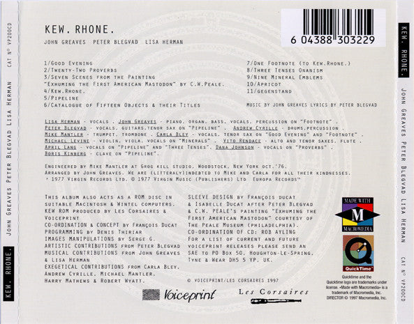 Image of Back Cover of CD - VG+/VG+ - JOHN  GREAVES, PETER BLEGVAD, LISA HERMAN, Kew. Rhone. (Voiceprint; VP200CD, UK 1997, Jewel Case, Booklet), ,  - 1436212E