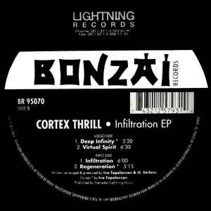 Image of Back Cover of 12" - G+/G+ - CORTEX THRILL, Infiltration EP (Bonzai Records; BR 95070, Belgium 1995, Company Sleeve), Extensive hairlines and scuffs. Ringwear and discolouration to sleeve., A1		Deep Infinity5:20A2		Virtual Spirit6:30B1		Infiltration6:00B2		Regeneration - 1416569C