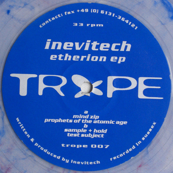Image of Front Cover of 12" - /VG - INEVITECH, Etherion EP (Trope Recordings; trope 007, Germany 1994, Plain Sleeve, Marble Vinyl), , A1	Mind Zip	A2	Prophets Of The Atomic Age	B1	Sample + Hold	B2	Test Subject - 1426432E