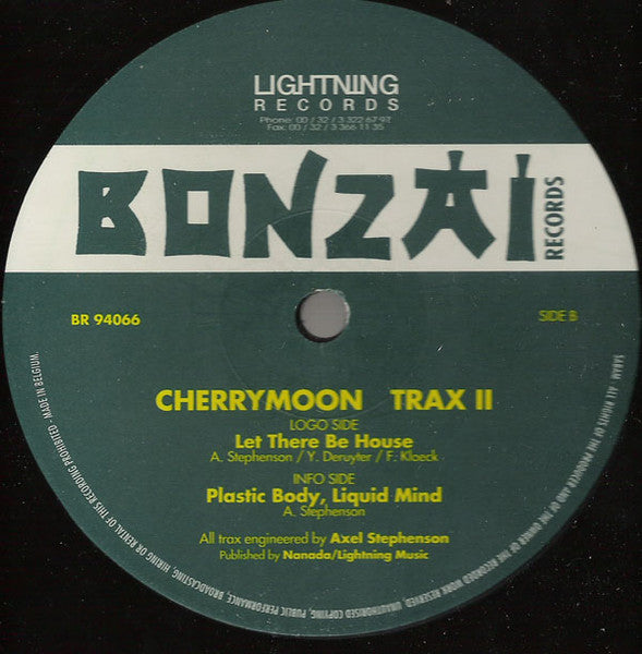 Image of Back Cover of 12" - G+/G+ - CHERRY MOON, Trax II (Bonzai Records; BR 94066, Belgium 1994, Company Sleeve), Disc has lots of hairlines, scuffs and storage marks, sleeve is very battered, split at bottom, discoloured and ringworn., A		Let There Be House8:09B		Plastic Body, Liquid Mind8:08 - 1416570C