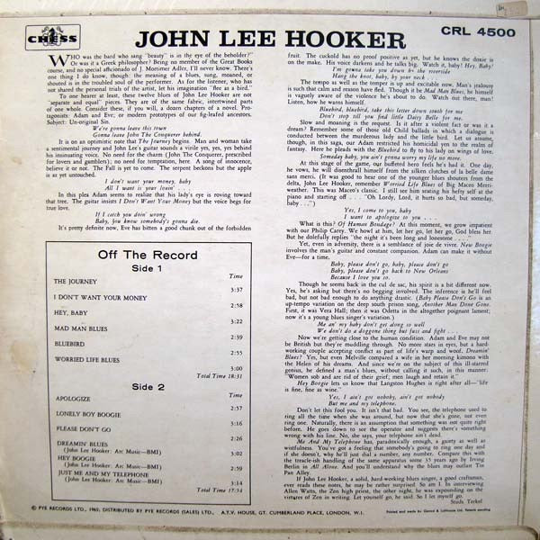 Image of Back Cover of LP - VG/VG - JOHN LEE HOOKER, Plays & Sings The Blues (Chess; CRL 4500, UK 1965, Laminated Flipback Sleeve), Some pinching to spine and general edge wear. Disc is glossy with just a few light marks.,  - 1416591C