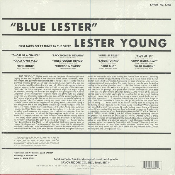 Image of Back Cover of LP - VG+/VG+ - LESTER YOUNG, Blue Lester (Savoy Records; MG-12068, US 2016 Reissue), ,  - 1416618C