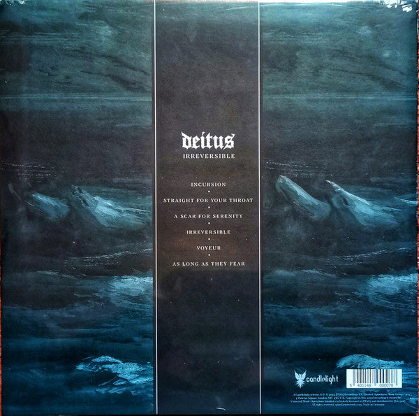 Image of Back Cover of LP - EX/VG+ - DEITUS, Irreversible (Candlelight Records; CNDL800007P, UK 2023, Black Inner & Insert, Green Vinyl), Still in shrinkwrap with hype sticker.,  - 1446281S