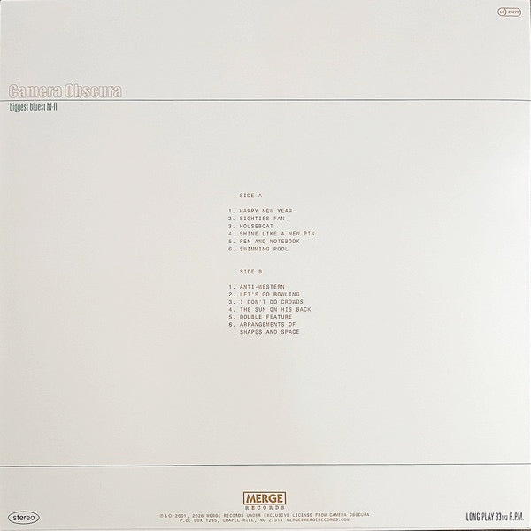 Image of Back Cover of LP - NEW/NEW - CAMERA OBSCURA, Biggest Bluest Hi-Fi (Merge Records; MRG256LP, UK 2026 Reissue), , On May 8, 2026, Camera Obscura will celebrate the 25th anniversary of their debut album, Biggest Bluest Hi-Fi, with a vinyl reissue via Merge Records. Out-of-print on the format since its initial UK release on Andmoresound in 2001, the 25th anniversary edition is the most definitive version of of Biggest Bluest Hi-Fi ever pressed to vinyl. - 1956082S